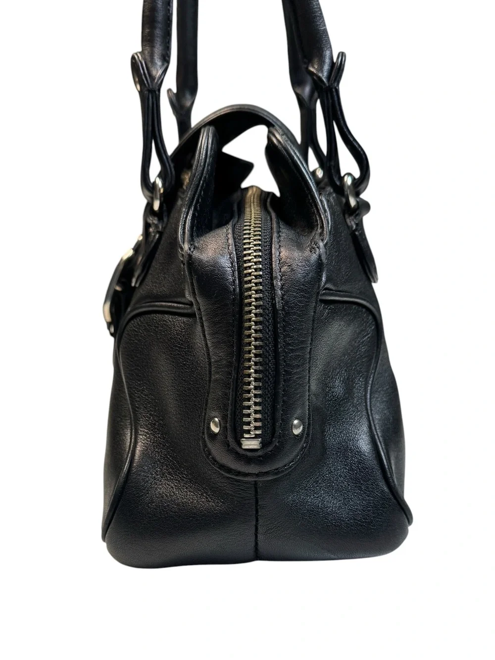 Vintage Y2K Cole Haan Alexa F04 Black Leather Satchel Shoulder Bag Silver Buckle